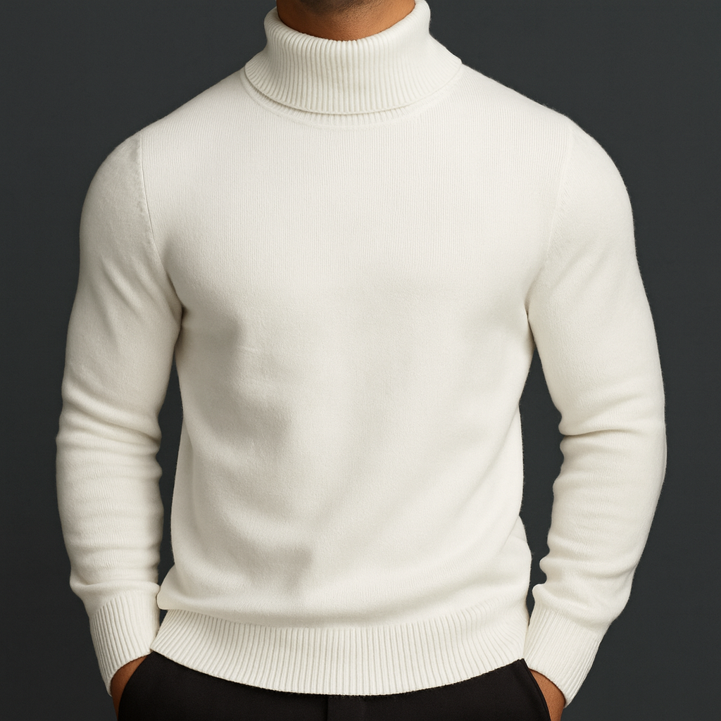 Men's Classic Knit Turtleneck Sweater with Ribbed Neck and Hem - Timeless Comfort