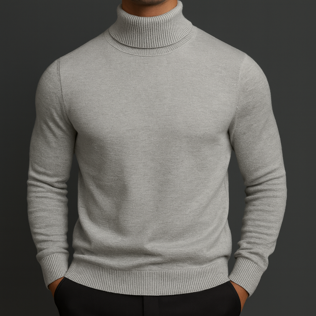 Men's Classic Knit Turtleneck Sweater with Ribbed Neck and Hem - Timeless Comfort