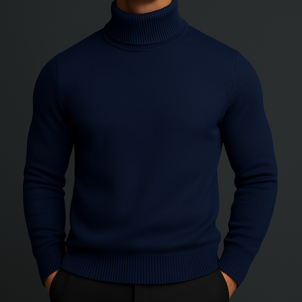 Men's Classic Knit Turtleneck Sweater with Ribbed Neck and Hem - Timeless Comfort