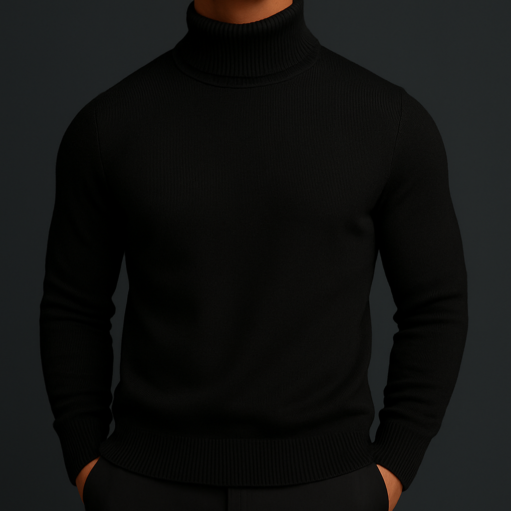 Men's Classic Knit Turtleneck Sweater with Ribbed Neck and Hem - Timeless Comfort