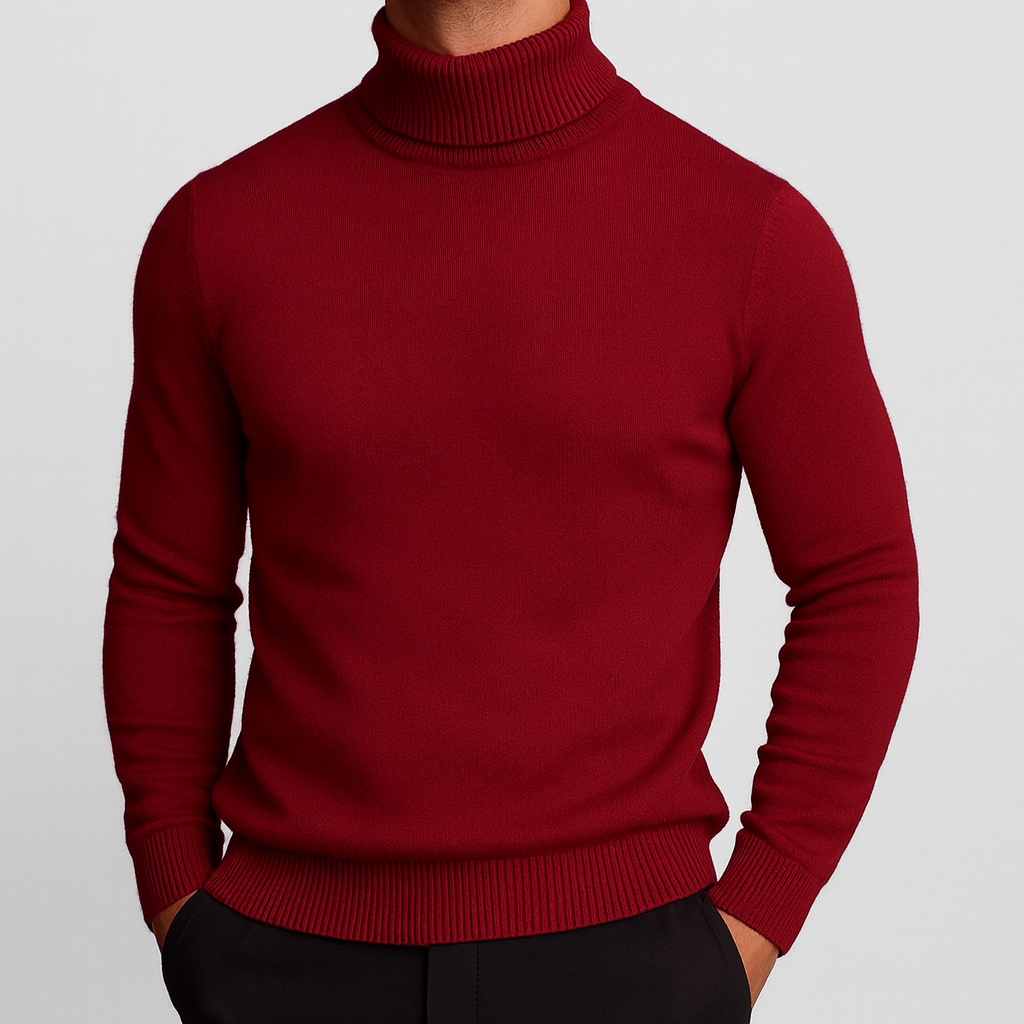 Men's Classic Knit Turtleneck Sweater with Ribbed Neck and Hem - Timeless Comfort