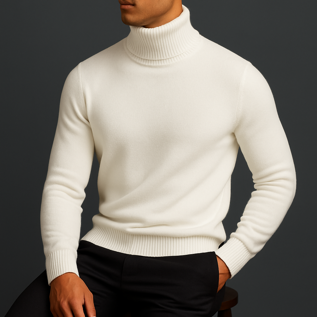 Men's Classic Knit Turtleneck Sweater with Ribbed Neck and Hem - Timeless Comfort