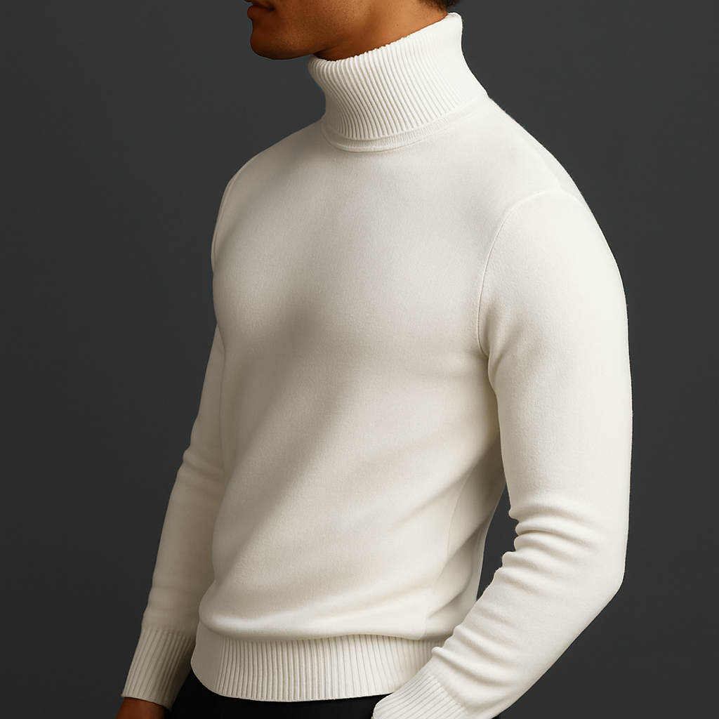 Men's Classic Knit Turtleneck Sweater with Ribbed Neck and Hem - Timeless Comfort
