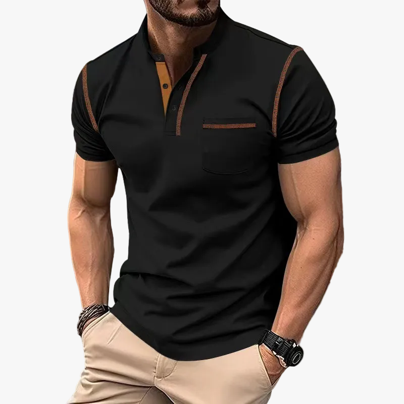 Men's Band-Collar Knit Polo Shirt with Chest Pocket