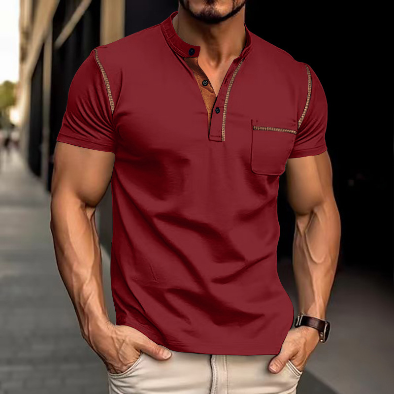 Men's Band-Collar Knit Polo Shirt with Chest Pocket