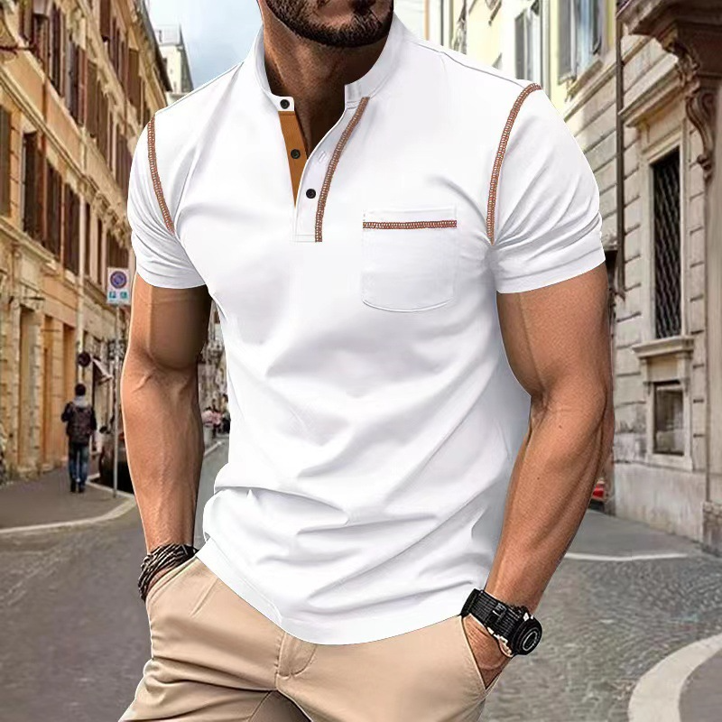 Men's Band-Collar Knit Polo Shirt with Chest Pocket