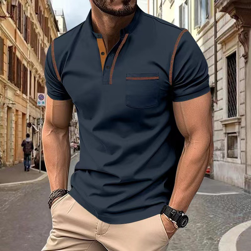 Men's Band-Collar Knit Polo Shirt with Chest Pocket