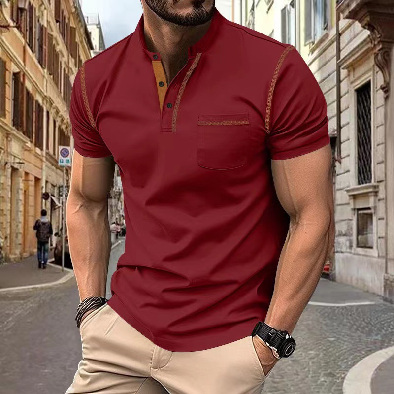 Men's Band-Collar Knit Polo Shirt with Chest Pocket
