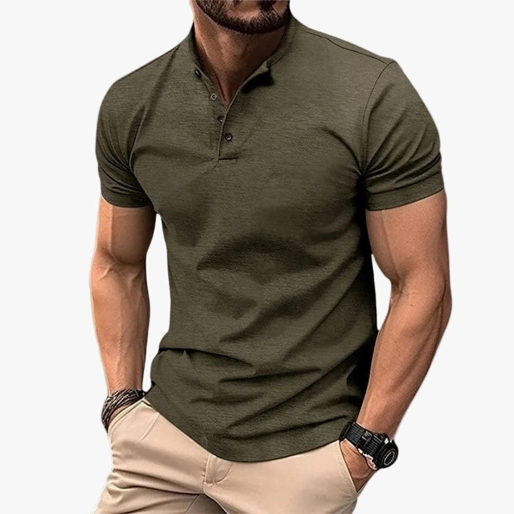 Men's Knit Polo Shirt with Three-Button Placket and Stand Collar - Classic Smart-Casual Essential