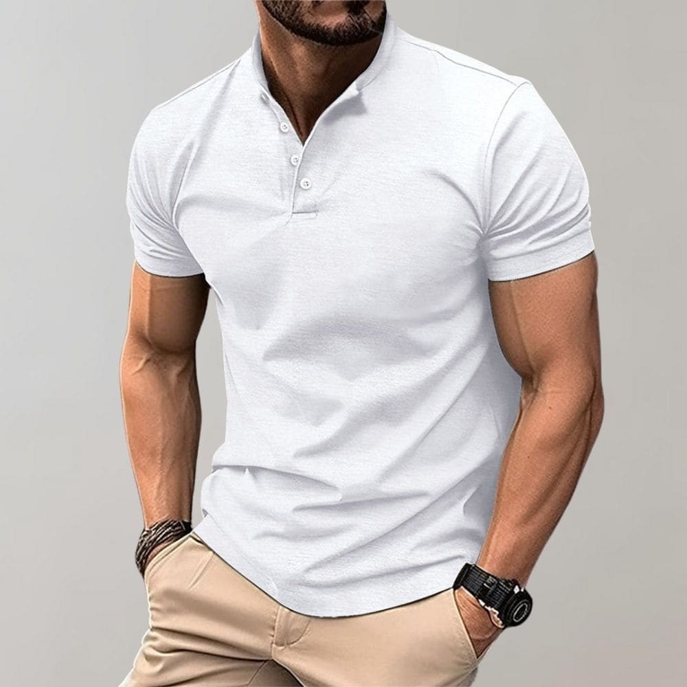 Men's Knit Polo Shirt with Three-Button Placket and Stand Collar - Classic Smart-Casual Essential