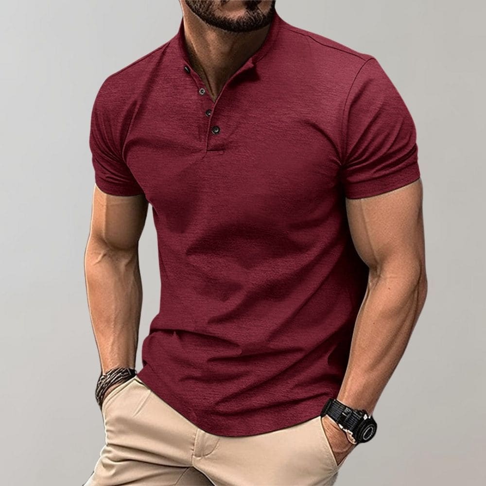 Men's Knit Polo Shirt with Three-Button Placket and Stand Collar - Classic Smart-Casual Essential