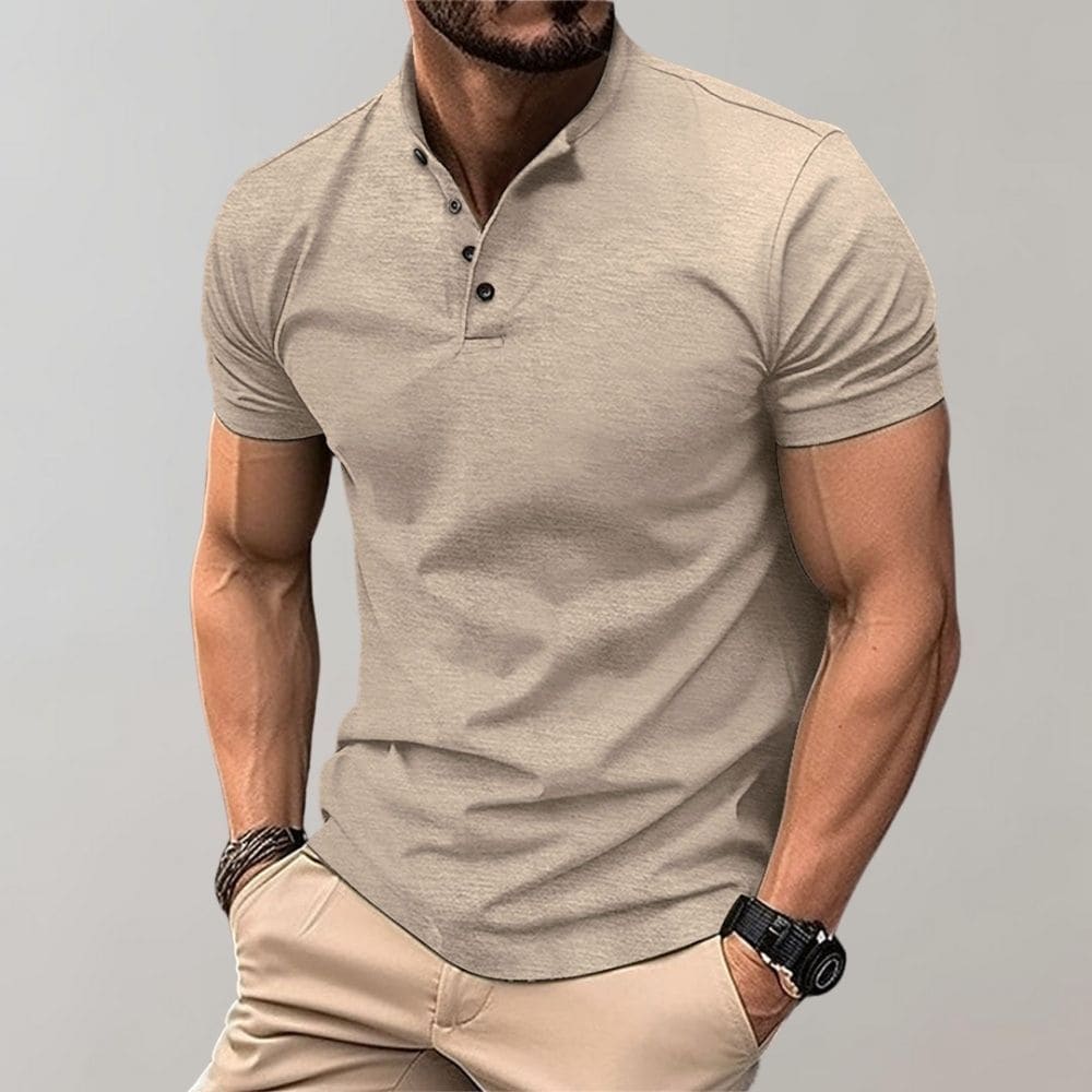 Men's Knit Polo Shirt with Three-Button Placket and Stand Collar - Classic Smart-Casual Essential