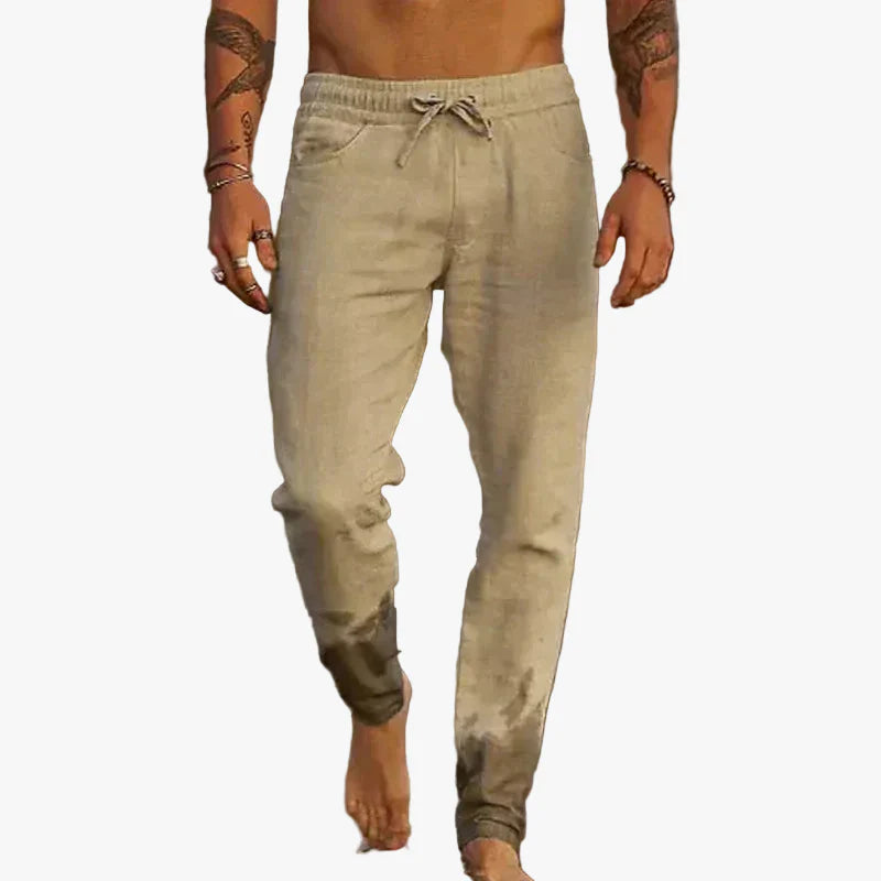 Men's Linen-Blend Relaxed-Fit Pants with Drawstring Waist and Gathered Ankles