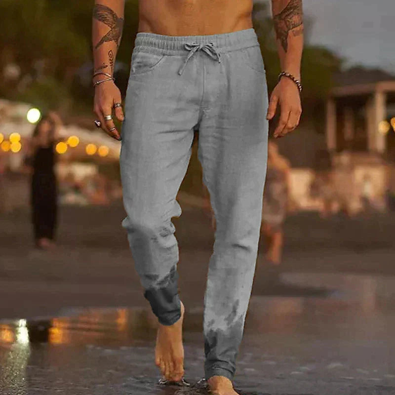 Men's Linen-Blend Relaxed-Fit Pants with Drawstring Waist and Gathered Ankles