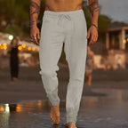 Men's Linen-Blend Relaxed-Fit Pants with Drawstring Waist and Gathered Ankles