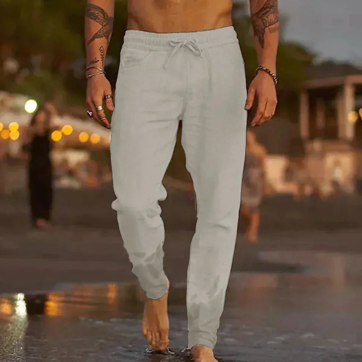 Men's Linen-Blend Relaxed-Fit Pants with Drawstring Waist and Gathered Ankles