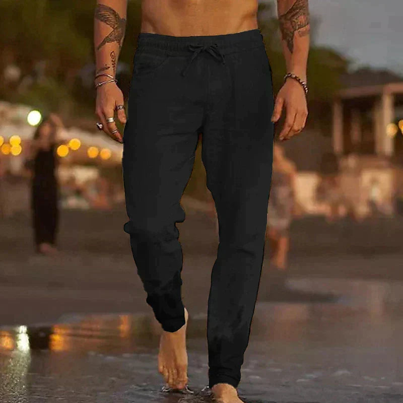 Men's Linen-Blend Relaxed-Fit Pants with Drawstring Waist and Gathered Ankles