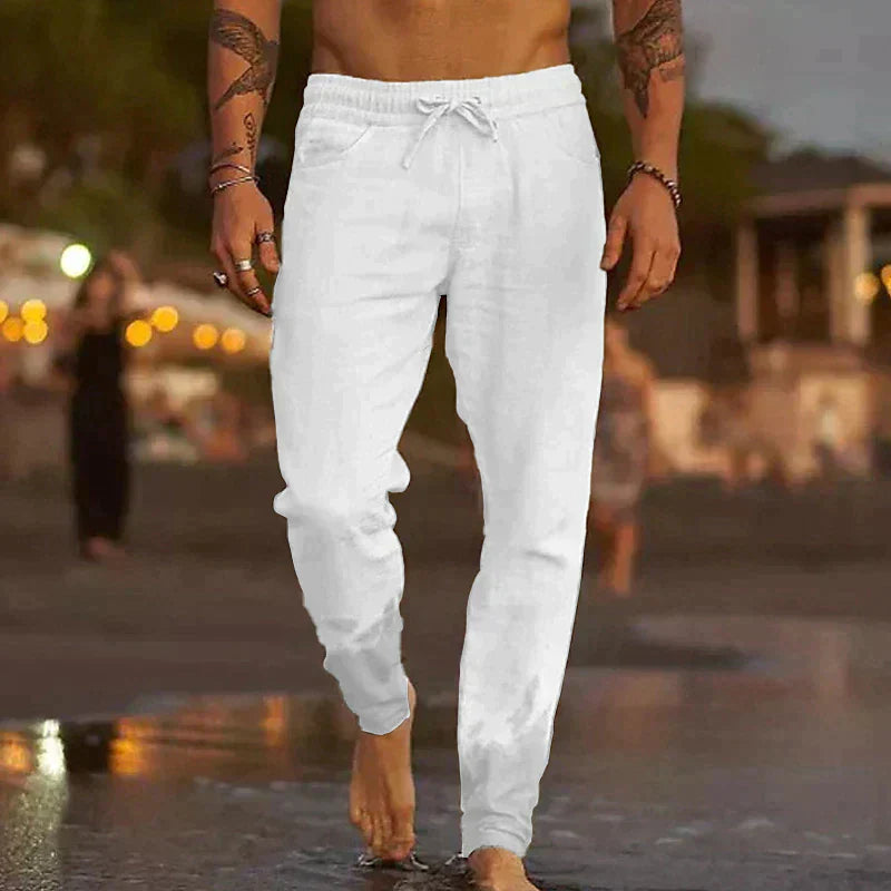 Men's Linen-Blend Relaxed-Fit Pants with Drawstring Waist and Gathered Ankles
