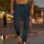 Men's Linen-Blend Relaxed-Fit Pants with Drawstring Waist and Gathered Ankles