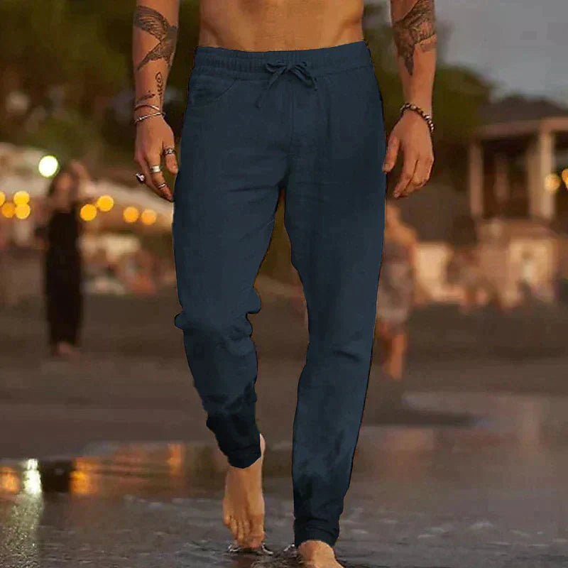 Men's Linen-Blend Relaxed-Fit Pants with Drawstring Waist and Gathered Ankles