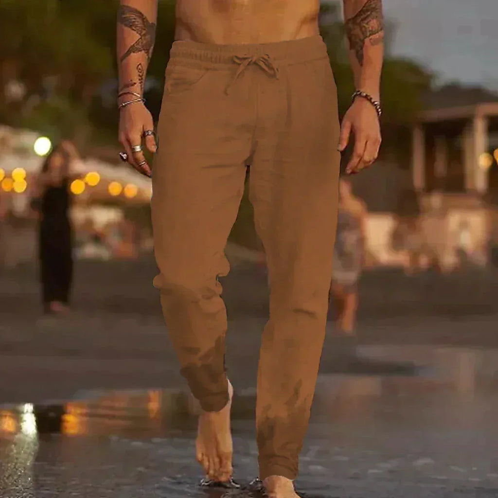 Men's Linen-Blend Relaxed-Fit Pants with Drawstring Waist and Gathered Ankles