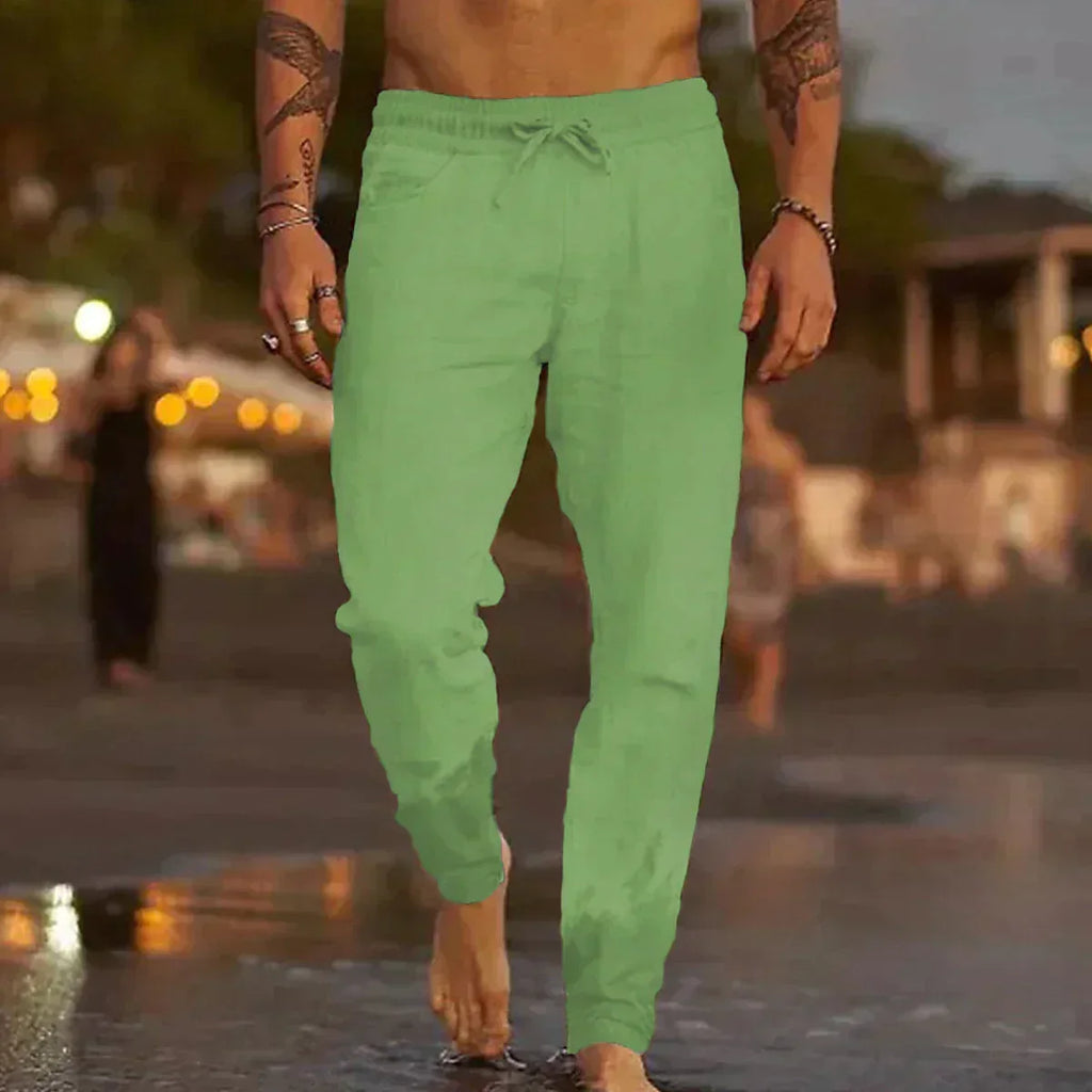 Men's Linen-Blend Relaxed-Fit Pants with Drawstring Waist and Gathered Ankles