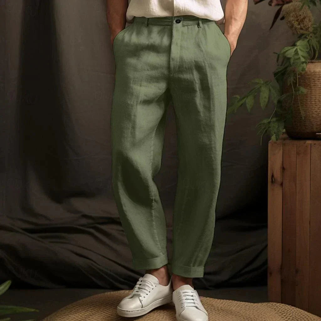 Men's Linen-Blend Pants with Adjustable Drawstring Waist and Convenient Side Pockets