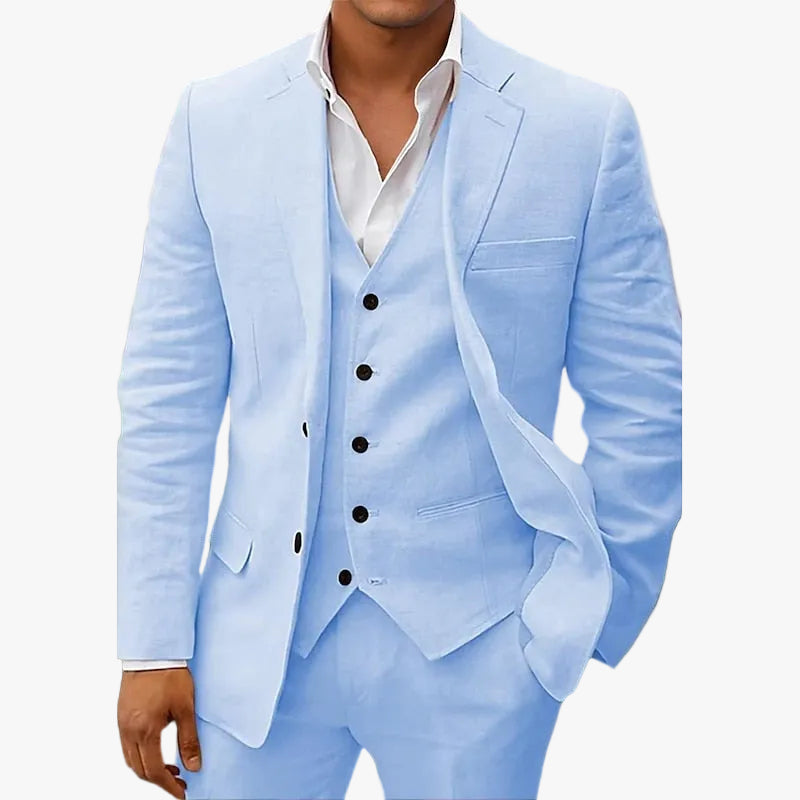 Elegant Men's Linen-Blend Suit with Notched Lapel and Button-Front Vest