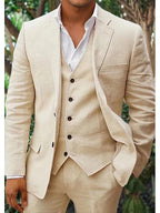 Elegant Men's Linen-Blend Suit with Notched Lapel and Button-Front Vest