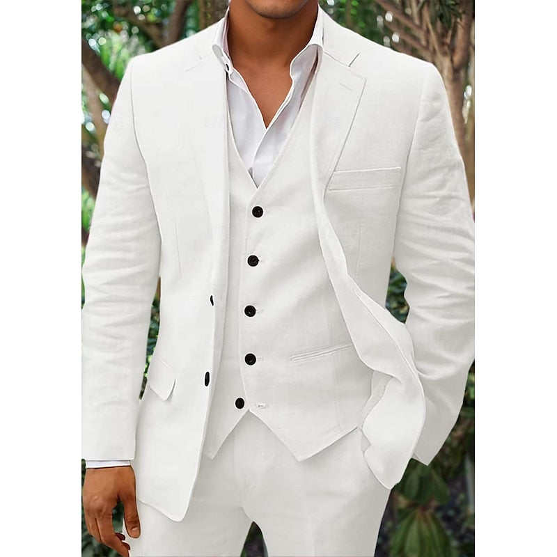 Elegant Men's Linen-Blend Suit with Notched Lapel and Button-Front Vest