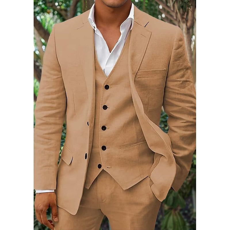 Elegant Men's Linen-Blend Suit with Notched Lapel and Button-Front Vest