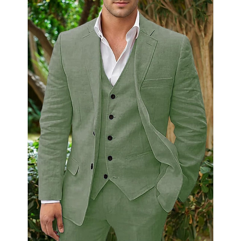 Elegant Men's Linen-Blend Suit with Notched Lapel and Button-Front Vest