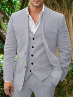 Elegant Men's Linen-Blend Suit with Notched Lapel and Button-Front Vest