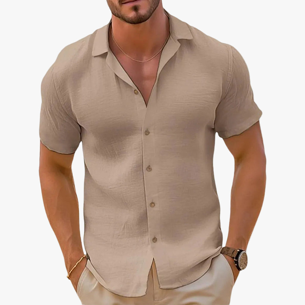 Men's Linen-Blend Woven Shirt with Button Placket and Classic Spread Collar