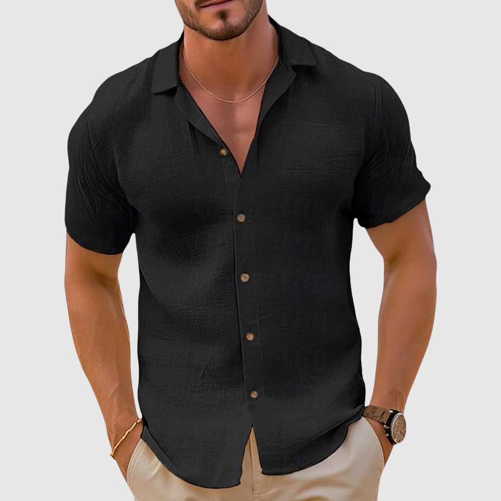 Men's Linen-Blend Woven Shirt with Button Placket and Classic Spread Collar
