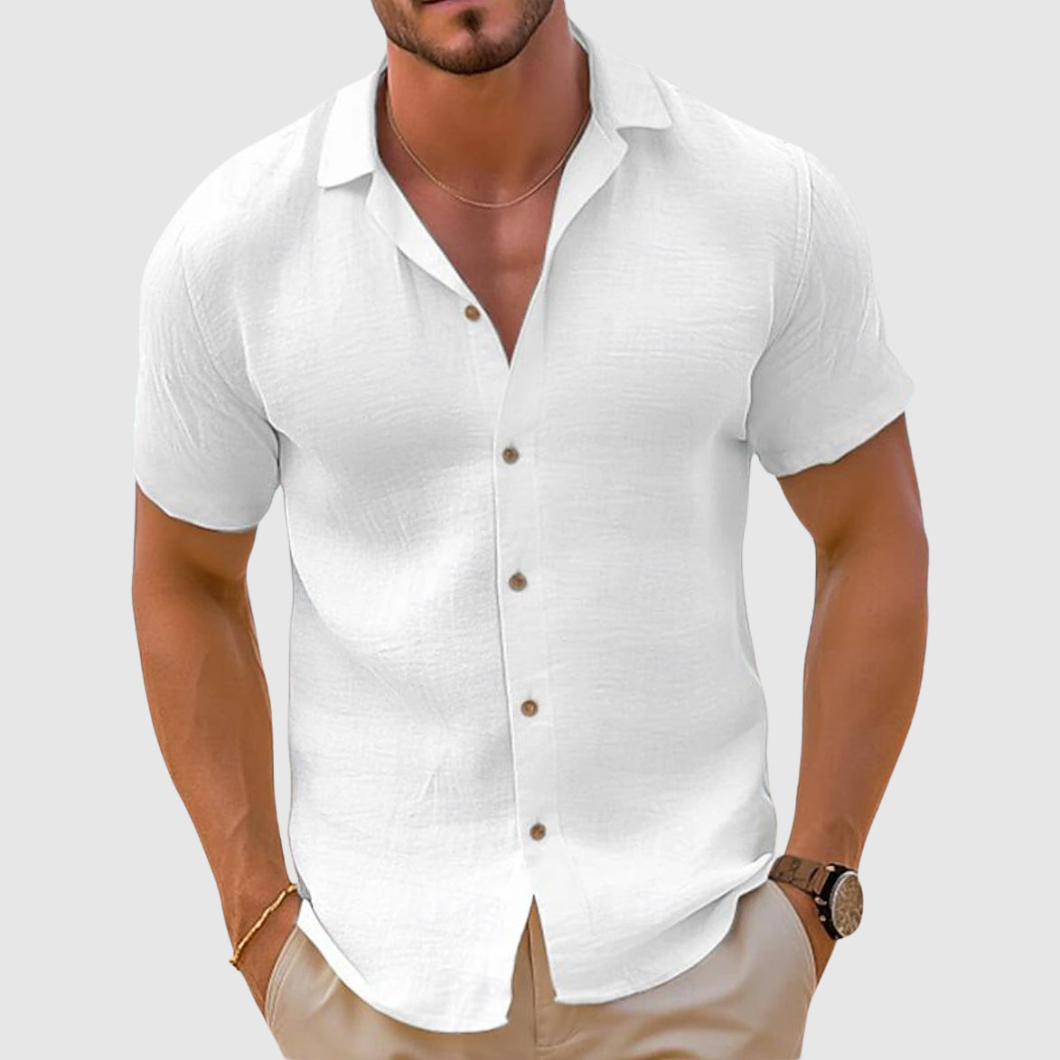 Men's Linen-Blend Woven Shirt with Button Placket and Classic Spread Collar