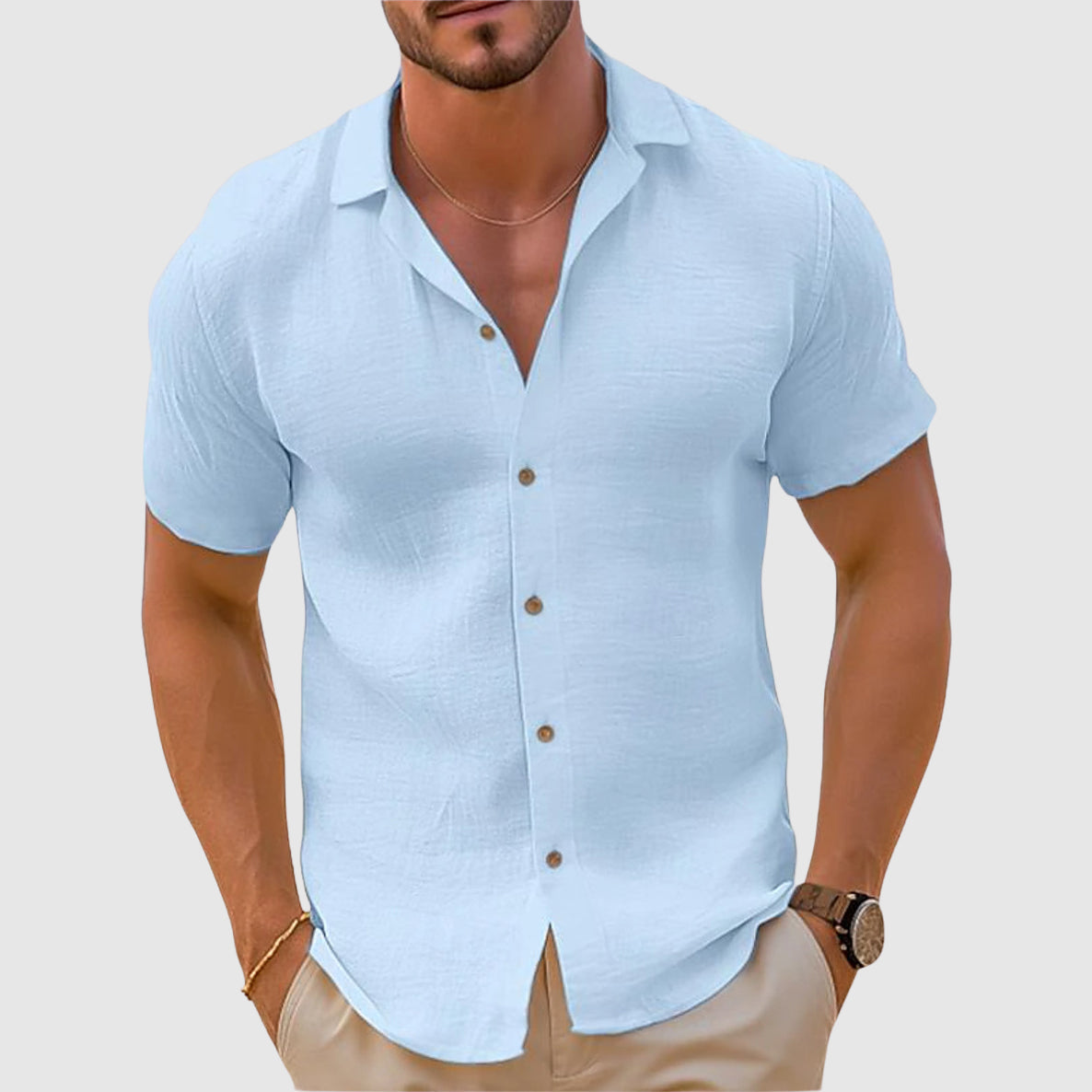 Men's Linen-Blend Woven Shirt with Button Placket and Classic Spread Collar