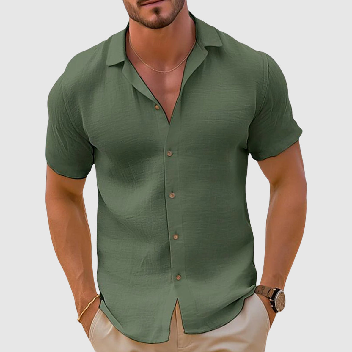 Men's Linen-Blend Woven Shirt with Button Placket and Classic Spread Collar