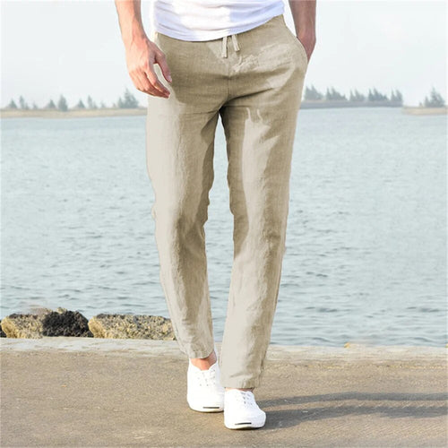 Breathable Men's Linen Pants with Drawstring Waist and Tapered Leg
