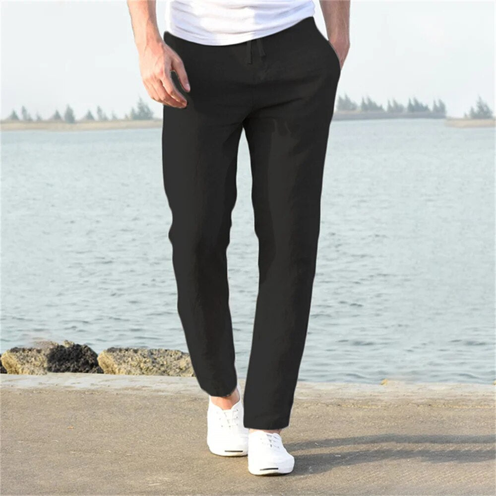 Breathable Men's Linen Pants with Drawstring Waist and Tapered Leg