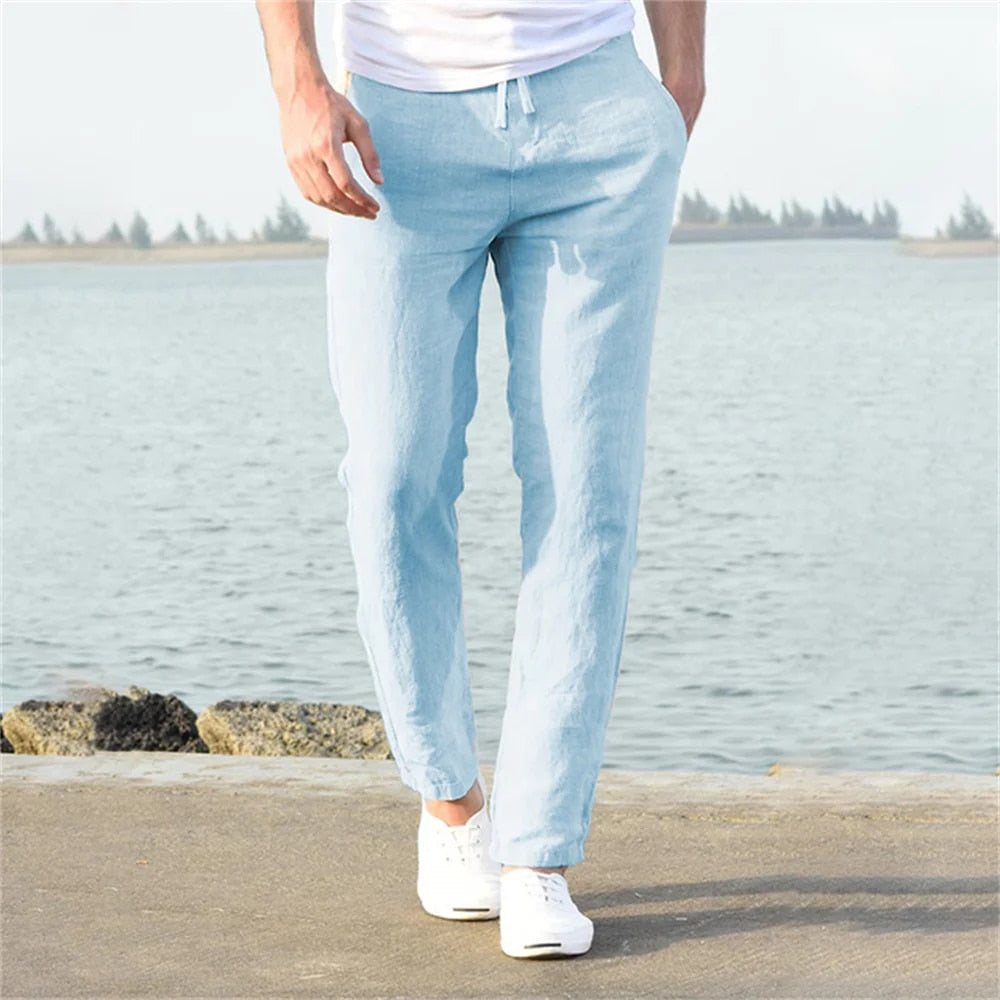 Breathable Men's Linen Pants with Drawstring Waist and Tapered Leg
