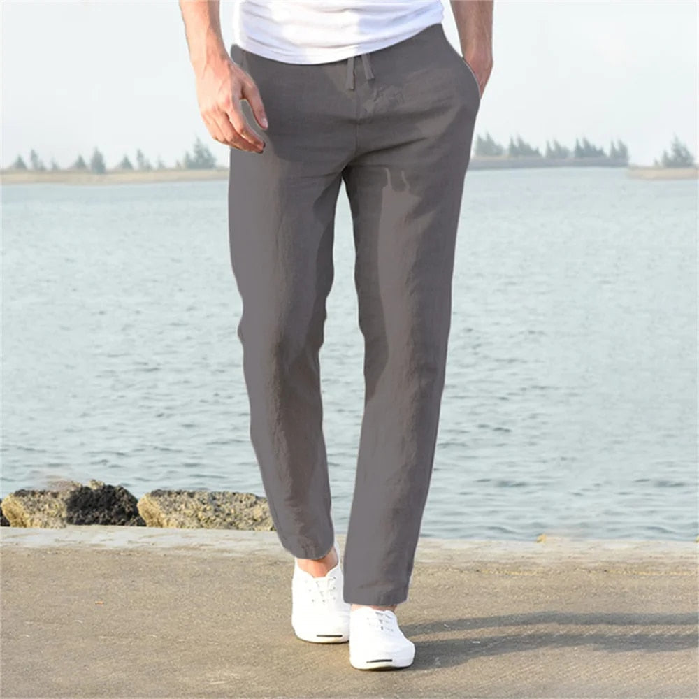 Breathable Men's Linen Pants with Drawstring Waist and Tapered Leg