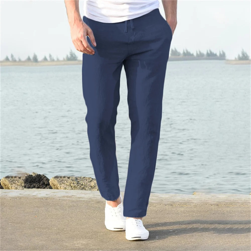 Breathable Men's Linen Pants with Drawstring Waist and Tapered Leg