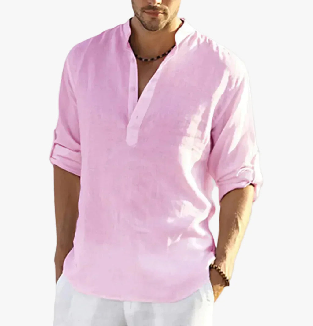 Men's Linen Shirt with Band Collar and Half-Placket - Lightweight and Breathable