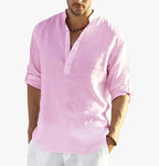 Men's Linen Shirt with Band Collar and Half-Placket - Lightweight and Breathable