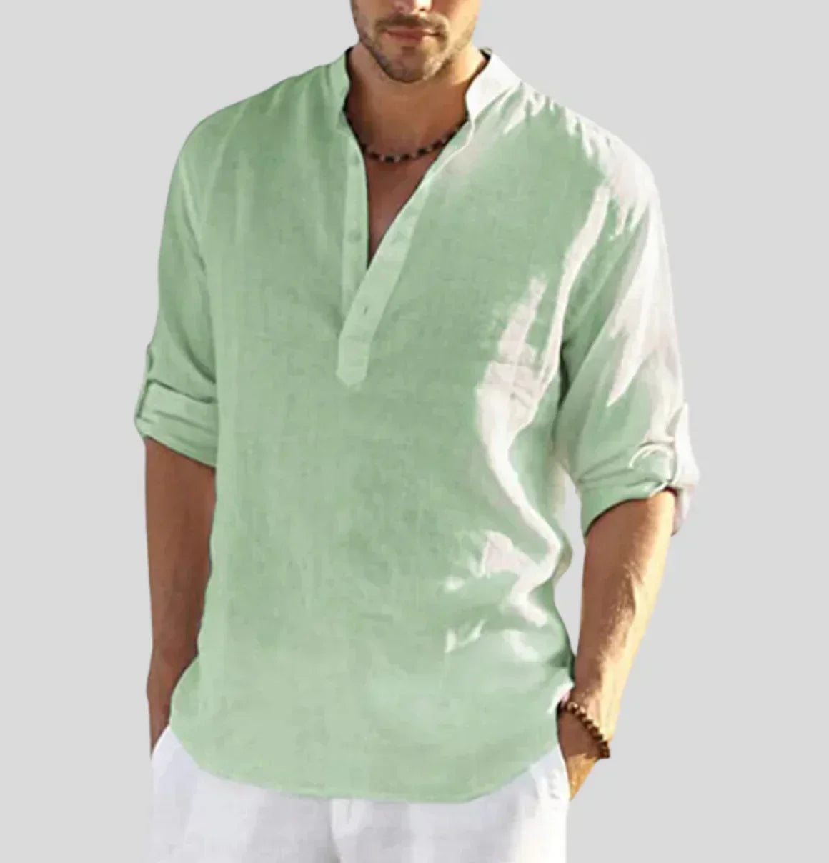 Men's Linen Shirt with Band Collar and Half-Placket - Lightweight and Breathable
