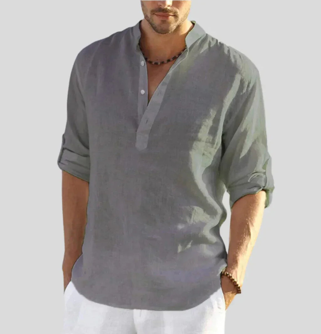 Men's Linen Shirt with Band Collar and Half-Placket - Lightweight and Breathable