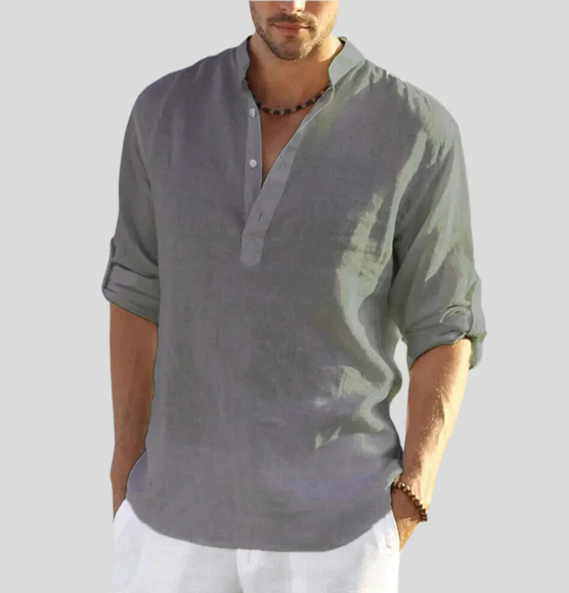 Men's Linen Shirt with Band Collar and Half-Placket - Lightweight and Breathable