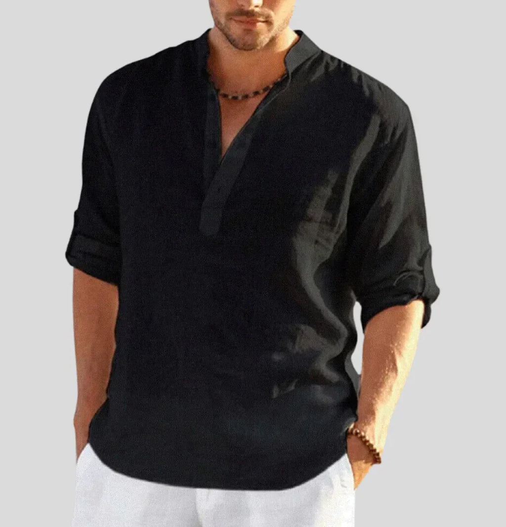 Men's Linen Shirt with Band Collar and Half-Placket - Lightweight and Breathable