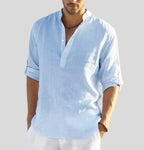 Men's Linen Shirt with Band Collar and Half-Placket - Lightweight and Breathable